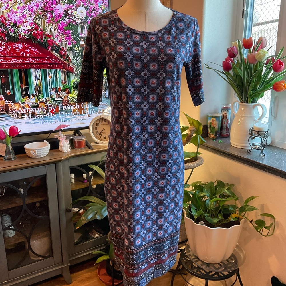 Lularoe Womens Floral Geometric Midi Julia Dress - Navy/Red